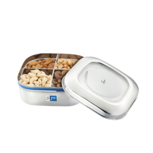 JVL Classicware Costa Square Dry Fruit Tin Stainless Steel Dry Fruit Box with 4-Section Removable Tray & Airtight See-Through Lid for Nuts, Chocolates & Snacks