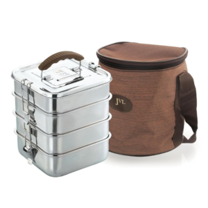 JVL Stainless Steel Square Tiffin Box with Inner Plate and Handle – 4-Compartment Lunch Box, Ideal for School and Office Use, Easy-to-Clean Food Storage Container (Big, Silver)