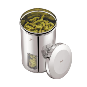 JVL Classicware Stainless Steel Trendy Window Canister with See through window, Airtight Lid, Ideal for Grains, Snacks, Spices And Dry Fruits