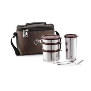 JVL Trixo Stainless Steel Lunch Box Set of 3 Leak-Proof Containers Capacity (200ml,300ml,450ml) and; 1 Tumbler (500ml) with Insulated Bag and; Cutlery Included, Ideal for Office, School & Travel (Trixo-1)