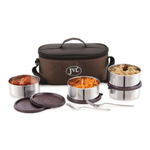 JVL Trixo Stainless Steel Lunch Box Set of 4 Leak-Proof Containers Capactiy Each (300ml) with Insulated Bag & Cutlery Included Ideal for Office, School & Travel (Trixo-3)